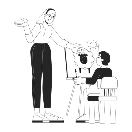 Profesora de arte dando consejos a un niño sobre el dibujo  Ilustración