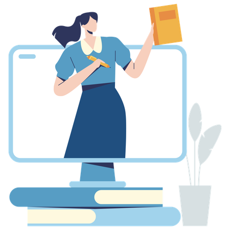 Profesora enseñando a estudiantes en una plataforma en línea  Ilustración