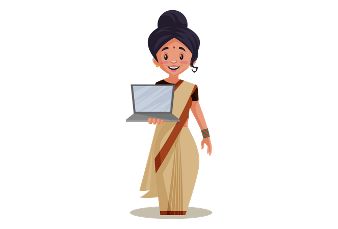 Profesora india sosteniendo una computadora portátil como educación en línea  Ilustración