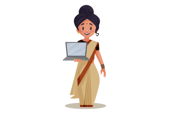 Profesora india sosteniendo una computadora portátil como educación en línea  Ilustración