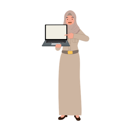 Profesora musulmana tailandesa con hijab explicando lecciones con una computadora portátil  Illustration