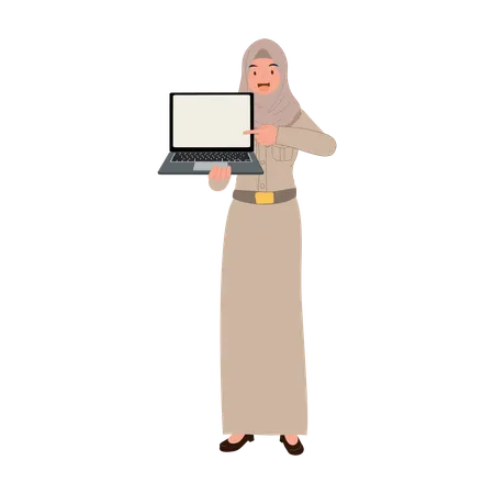 Profesora musulmana tailandesa con hijab explicando lecciones con una computadora portátil  Illustration