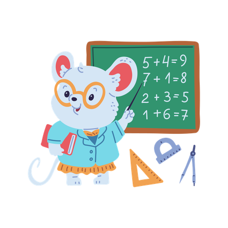 Encantadora profesora ratón que demuestra la suma en la lección de matemáticas  Ilustración