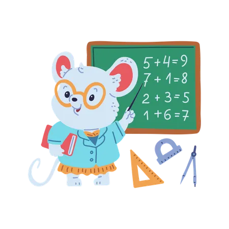 Encantadora profesora ratón que demuestra la suma en la lección de matemáticas  Ilustración