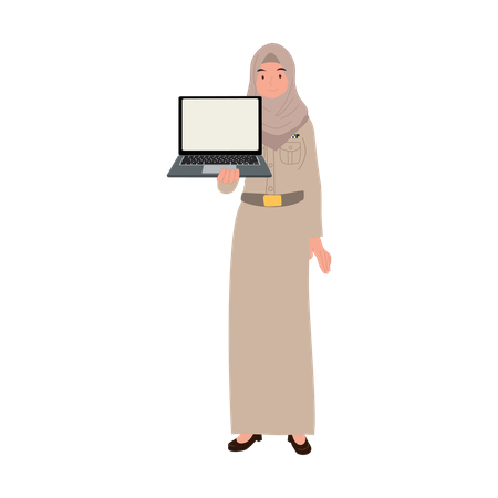 Profesora musulmana tailandesa profesional con hijab que explica lecciones con una computadora portátil  Illustration