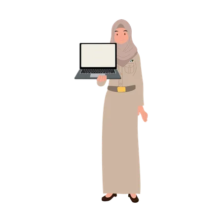 Profesora musulmana tailandesa profesional con hijab que explica lecciones con una computadora portátil  Illustration