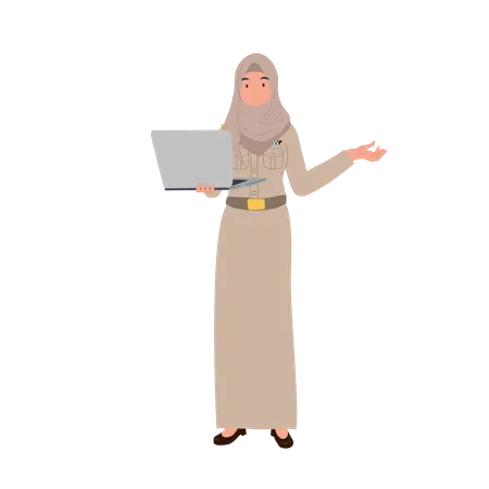 Profesora musulmana tailandesa profesional con hijab que explica lecciones con una computadora portátil  Illustration