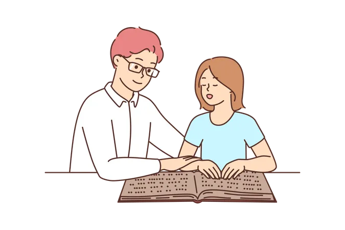 Professeur aidant un enfant aveugle à lire  Illustration