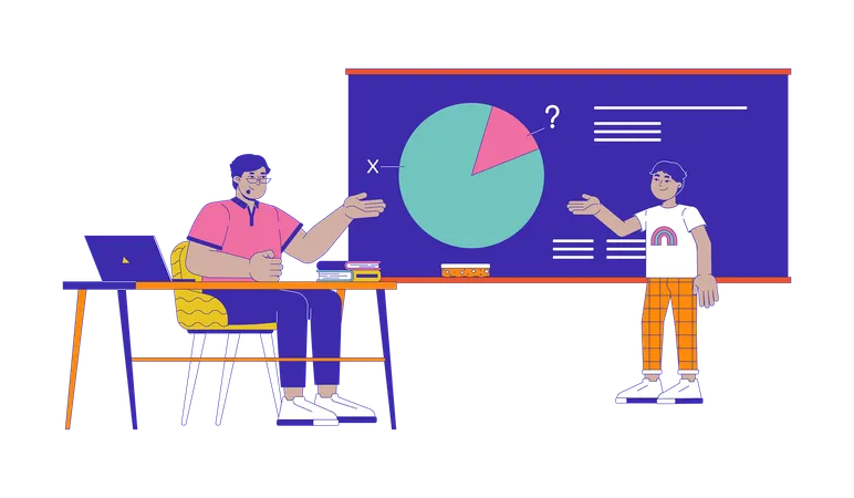 Un professeur arabe et un petit élève résolvent ensemble un problème de mathématiques  Illustration