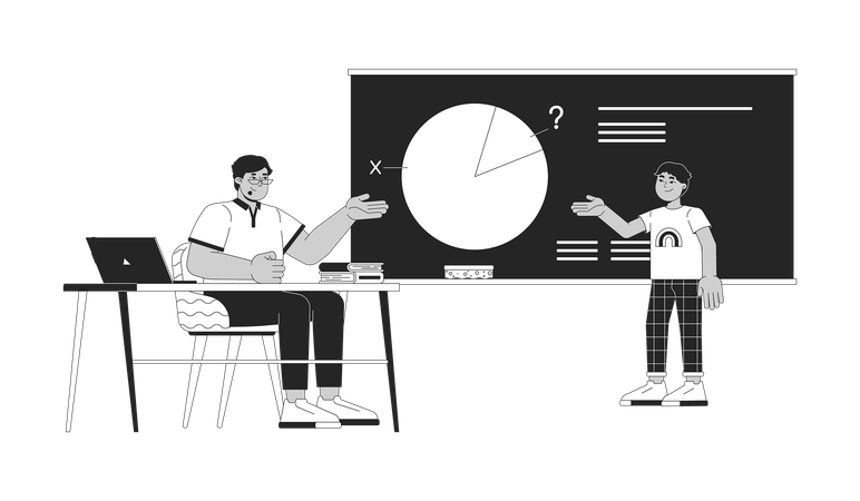 Un professeur arabe et un petit élève résolvent ensemble un problème de mathématiques  Illustration