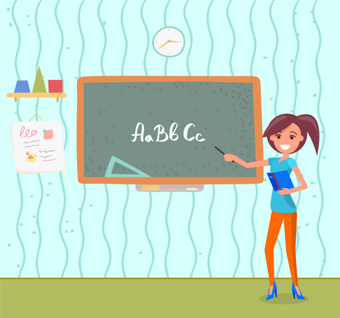 Enseignant avec pointeur près du tableau avec alphabet  Illustration