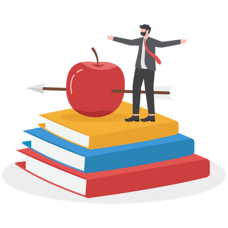 Professeur en attente de cours d'enseignement debout avec une flèche de tir à l'arc frappant à droite sur une pomme rouge sur une pile de manuels scolaires  Illustration