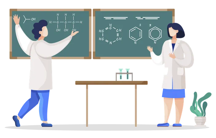 Professeur et chimiste écrivant une formule chimique  Illustration