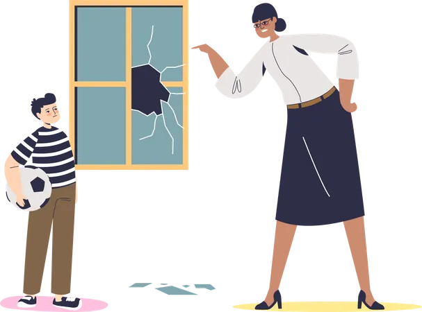 Un enseignant réprimande un enfant pour une vitre cassée  Illustration
