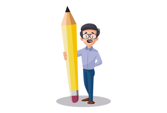 Enseignant indien debout avec un gros crayon comme concept de publicité éducative  Illustration