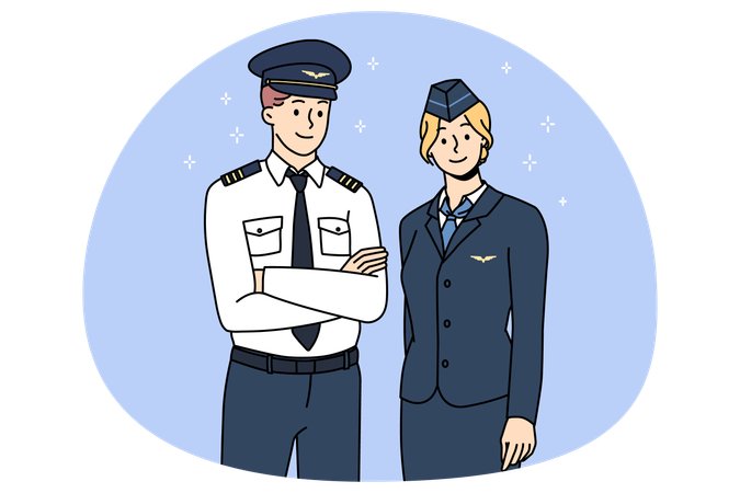 Professional airplane crew in uniform posing together  Illustration