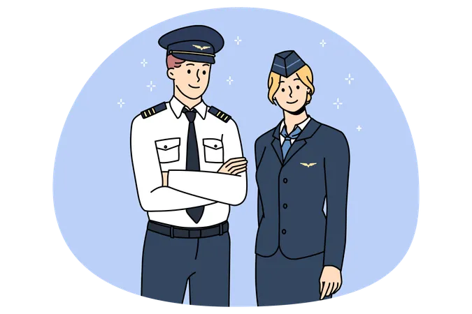 Professional airplane crew in uniform posing together  Illustration