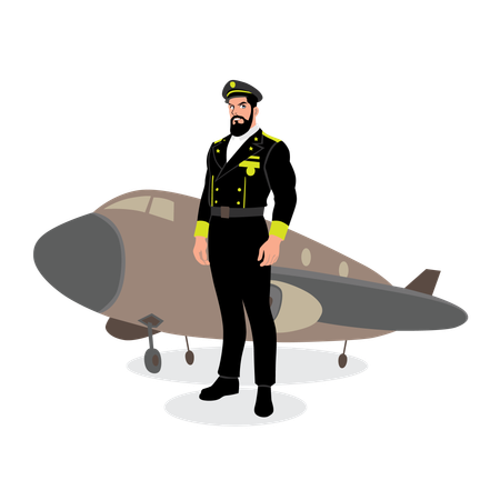Professional Aviator in Military Outfit – Flat Design  Illustration