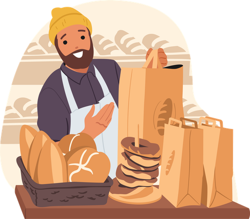 Professional baker man advertising homemade bakery and pastry products scene  Illustration