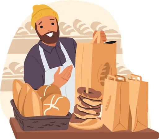 Professional baker man advertising homemade bakery and pastry products scene  Illustration