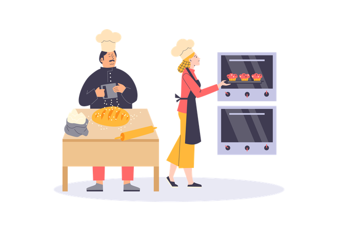 Professional bakers bake bread in kitchen  Illustration