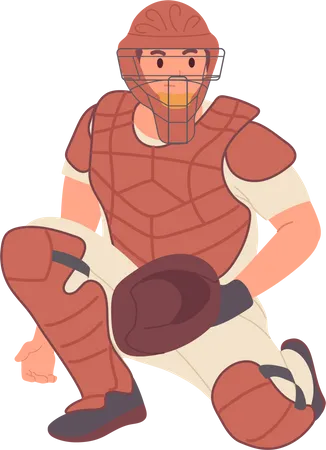 Professional Baseball Player Male Catcher Cartoon Character In Uniform And Protective Mask Sitting With Glove Preparing To Catch Ball Vector Illustration Isolated On White Background Sport And Hobby Illustration