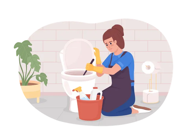 Professional Bathroom Cleaning Service 2 D Vector Isolated Illustration Housekeeper Washing Toilet Flat Character On Cartoon Background Colorful Editable Scene For Mobile Website Presentation Illustration