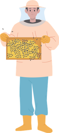 Professional beekeeper holding frame with honeycomb and insect  Illustration