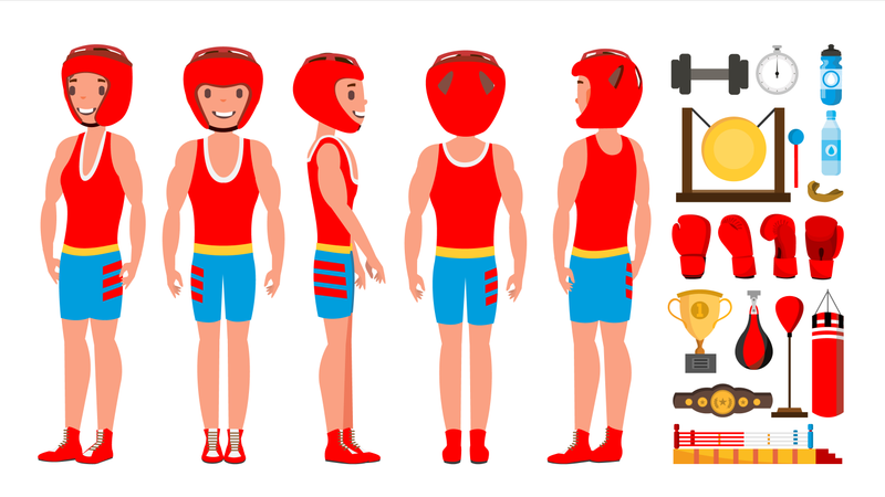 Professional Boxer Boxing Vector. Boxer Champion On Arena. Different Poses. Isolated Flat Cartoon Character Illustration Illustration