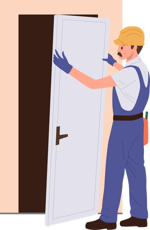 Professional builder installing new apartment door  Illustration