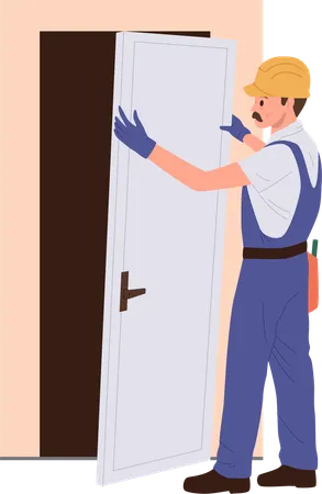 Professional builder installing new apartment door  Illustration