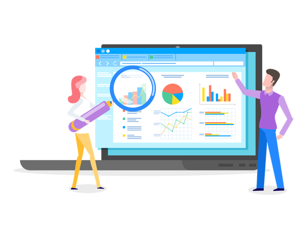 Professional business man and woman analyzing business growth on data presentation  Illustration