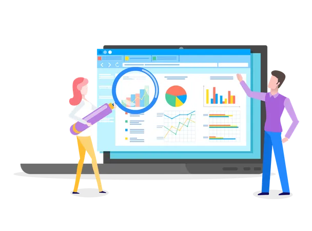 Professional business man and woman analyzing business growth on data presentation  Illustration