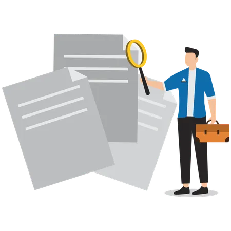 Professional businessman checking pile of paperwork with magnifying glass  Illustration