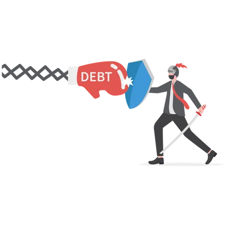 Debt Management Fight With Debt For Financial Freedom Concept Professional Businessman Fight With Creditor Or Loaner Huge Red Boxing Glove With Text Debt Illustration