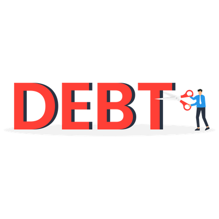 Professional businessman financial advisor using scissors to slash cut the word Debt  Illustration