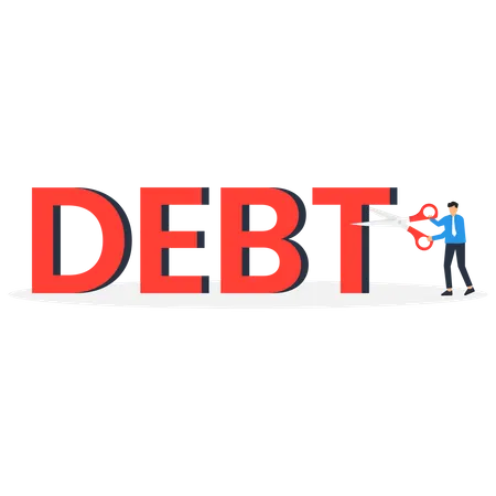 Professional businessman financial advisor using scissors to slash cut the word Debt  Illustration