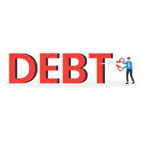 Professional businessman financial advisor using scissors to slash cut the word Debt  Illustration