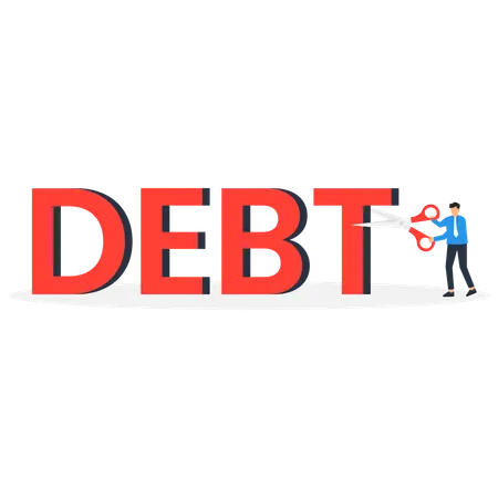 Professional businessman financial advisor using scissors to slash cut the word Debt  Illustration