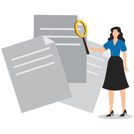 Professional businesswoman checking pile of paperwork with magnifying glass  Illustration