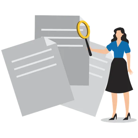 Professional businesswoman checking pile of paperwork with magnifying glass  Illustration