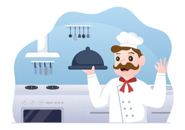 Professional Chef Cartoon Character Cooking Illustration With Different Trays And Food To Serve Delicious Food Made In Kitchen Suitable For Poster Illustration