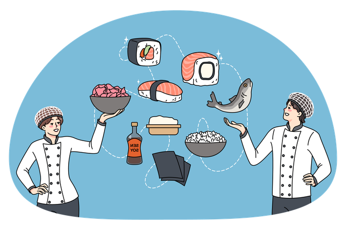 Professional chefs cooking sushi for restaurant  Illustration