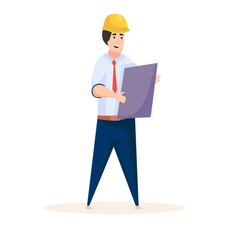 Professional civil engineer holding building plan in his hand Illustration