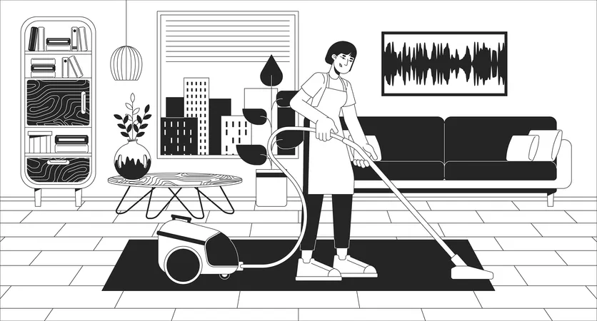 Cleaning Services Black And White Line Illustration Help With Housekeeping Commercial Chores Small Business Work 2 D Character Monochrome Background Living Room Hovering Outline Scene Vector Image Illustration