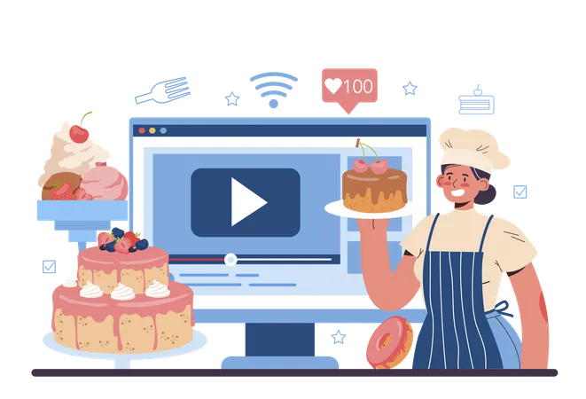Confectioner Online Service Or Platform Professional Confectioner Chef Making Sweets Baker Cooking A Cake For Celebration Online Lecture Flat Vector Illustration Illustration