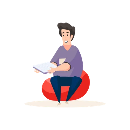 Professional content writer sitting in bean bag and holding papers Illustration