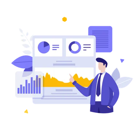 Professional Counselor Presenting Diagram Of Commercial Activity Financial Statistics Concept Flat Vector Illustration Businessman Explaining Stock Market Cartoon Character Color Composition Illustration