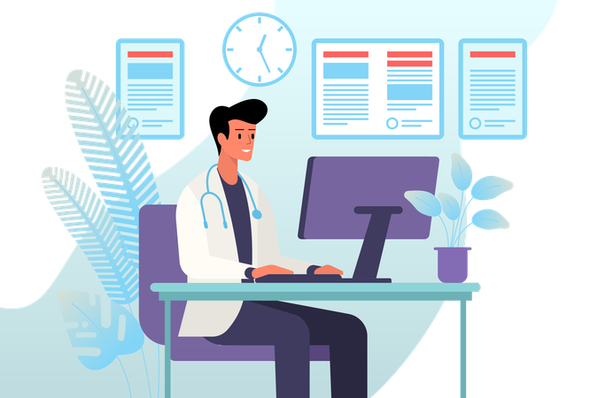 Professional doctor giving medical advice and prescriptions online  Illustration