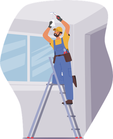 Professional Electrician Worker Installs Ceiling Lamp At Home  Illustration